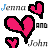 Pixelated icon with pink hearts and text 'Jenna', 'and', 'John' in blue, black, or gray across four