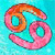 Pixelated static icon featuring two interlocking curved shapes in orange and pink against a cyan background, with visible dithering and anti-aliasing effects.