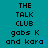 Pixelated text reads 'THE TALK CLUB gabs K and kara' on a teal background with two small star icons, one blue and one green.