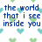 Pixelated blue text on white background with green and cyan heart shapes scattered throughout.
