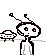 Pixelated alien character with antenna and three eyes, standing beside small flying saucers in a sequence showing transformation from full body to head-only.