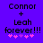 Purple background with black text reading 'Connor + Leah forever!!!' and five pink hearts below, two variations of heart arrangement visible.
