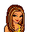 Pixel art of a woman with long brown hair and red lips, wearing yellow top and green pants with dollar signs, next to orange text animations.