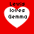 Red background with four white heart shapes containing black text reading 'Lewis loves Gemma' in pixelated font.