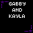 Pixelated text 'GABBY AND KAYLA' in white block letters on black background with purple star and dotted line accents.