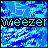 A 4-frame contact sheet of a pixelated animated icon featuring the word "weezer" in cyan block letters over a blue and white abstract wave pattern background, with visible frame-to-frame animation changes in the wave motion.
