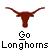 Pixelated brown longhorn steer head with extended horns above black-and-white text reading 'Go Longhorns' on gray background.