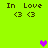 Bright green background with "In Love" text and two heart symbols, featuring animated heart color changes from purple to pink.