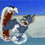 A shark with a wide-open mouth and visible teeth appears in four showing motion through water