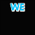 Blue 'WE' text top-left, pink 'LOVE' text top-right on black background; lower section shows two figures with a white dog in front of brick wall and green 'FROSTY!' text.