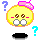 Pixelated yellow circular face with pink bow, brown eyes, and white teeth; two versions show eye and mouth expression changes against gray background with blue and cyan question marks.