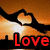 Six display the word 'Love' in different colors over a sunset cityscape with hands forming a heart shape