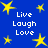 Blue background with yellow stars and white text reading Live Laugh Love repeated four times.
