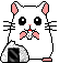 Pixelated white hamster with pink ears and nose holds a black-and-white striped object, displaying four distinct poses across three