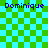Pixelated text "Dominique" appears four times on a green and cyan checkered background with faint lines
