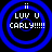 Four identical blue circular frames with white text "LUV U CARLY!!!!!" and two vertical dots above, set against a black background.