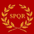 Red background with golden laurel wreath surrounding 'SPQR' text in pixelated style.