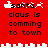 Red background with pixelated text 'santa claus is coming to town' and white cityscape borders, showing two animation states of Santa's sleigh and reindeer.