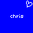 Blue background with white pixelated heart symbol above two instances of the text 'chris' in lowercase.