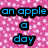 A static image with a pink pixelated background displays blue text reading "an apple keeps the doctor away if the doctor is cute screw the fruit" in black-outlined letters.