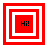 Four red and white square-framed icons display "Hi!" text in black, each with distinct layering of nested squares.