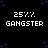 Pixelated of identical 'GANGSTER' text icons on black background with blue dots, one gray rectangle in bottom-right corner