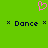 Green background with pink pixelated heart above two instances of the word Dance in dark blue pixelated text flanked by asterisks.