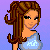 A static contact sheet of a pixel art buddy icon featuring a cartoon woman with brown hair and a blue top, surrounded by repeated pink text "italian" and "cutie" on a black background with white starbursts.