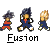 Pixel art icon showing three Dragon Ball Z characters in fusion poses with the word "Fusion" below them on a gray background.