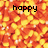 Pixelated orange and yellow candy corn fills the background with black text reading 'happy' top-left, 'halloween' top-right, and ':D' bottom-center.