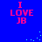 Blue background with four identical pink text blocks reading "I LOVE JB" arranged in a , with scattered light blue pixel dots in the lower right and center