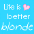 A static contact sheet of a 3x3 grid showing repeated frames from an animated icon with the text "Life is better blonde" and pink heart symbols on a blue background, with one frame partially obscured by gray transparency.