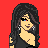 Pixelated female character with long dark hair, red eye accent, and silver earrings on a solid red background.
