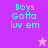 Pixelated text 'Boys Gotta luv em' in cyan on purple and pink backgrounds with a star symbol.