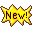 Yellow starburst-shaped icons with brown outlines on gray background, some displaying 'New!' text in black pixelated font.