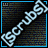 nine square displays the word "[scrubs]" in varying colors and outlines against a dark pixelated background with blue borders