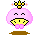 Pixelated pink character with yellow mouth and crown, standing on brown base; two pairs of eyes visible across frames.