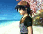 Animated sequence of a character with brown hair in a ponytail wearing a brown cap, dark green shirt, and gray vest, standing against a beach backdrop with pink cherry blossoms.