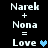 Pixelated text displays 'Narek + Nona = Love' with a heart symbol, showing two variations where the heart color changes from light blue to dark blue.