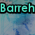 Pixelated teal text 'Barreh' with black outline appears over a blue and white abstract background with faint blue lines.