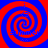 Four red and blue spiral patterns arranged in a with visible text fragments beneath each spiral
