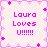 Pixelated pink text "Laura Loves U!!!!!!" on a light pink background with decorative borders, arranged in four identical quadrants.