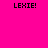 Four square display the text 'LEXIE!' in black pixelated font against solid backgrounds of pink, purple, cyan, and light blue