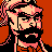 Pixelated 48x48 static icon of a bearded character with pinkish skin tones, black hair and beard, wearing red clothing against an orange background.
