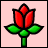 Pixelated red flower with green leaves and stem on light pink background, rendered in 8-bit style.