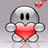 Pixelated gray cartoon character holding a red heart with floating hearts in the background.