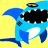 Pixelated blue shark with black eyes and mouth, white underbelly, dark blue fins, and a small circular spot on its side against a solid yellow background.