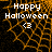 A Halloween-themed digital graphic with 'Happy Halloween' text and a smiling face symbol on an orange web-patterned background.