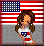 Pixelated cartoon girl in patriotic outfit standing before American flag with red background and blue text "Proud To Be An American".