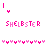 Pixelated pink text 'SHELBSTER' with a small heart above and multiple hearts below on white background.